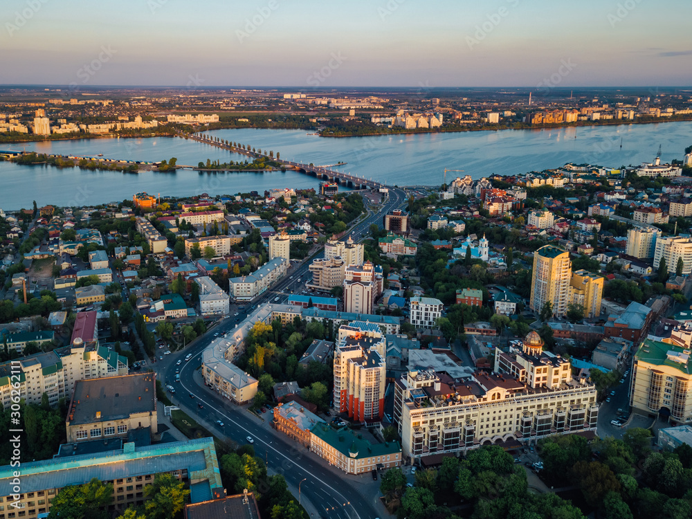 Evening summer Voronezh skyline, aerial view from drone