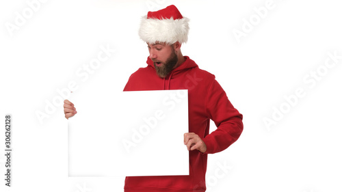 Wow! Big discount on white banner holding by Santa Claus.
