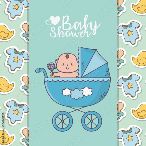 baby shower little boy in pram with bodysuits ducks background