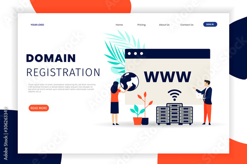 Domain name registration concept landing page template with character 