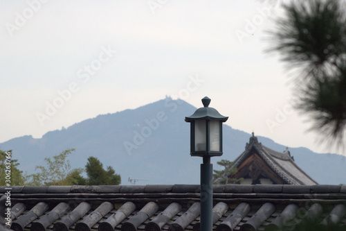 roof of an old Japanese house with a mountain in the background and a lampost in the foreground