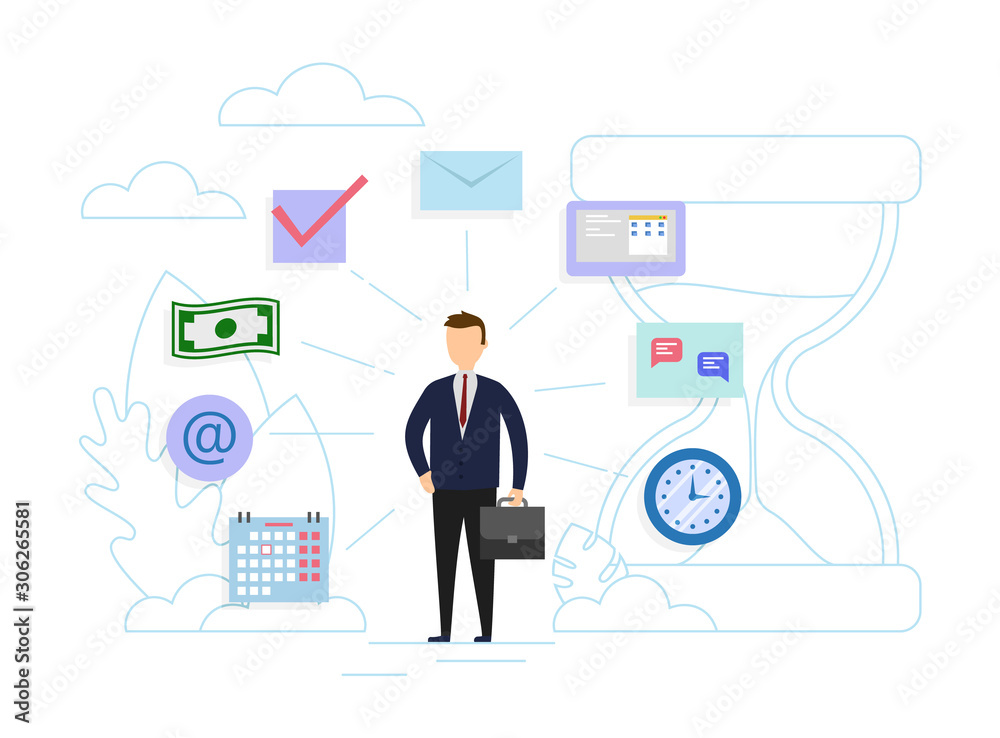 Time management, control concept. Businessman near huge sandclock with business icons. Flat style. Vector illustration. Time management, control concept. Businessman near huge sandclock with business icons. Flat style. Vector illustration.