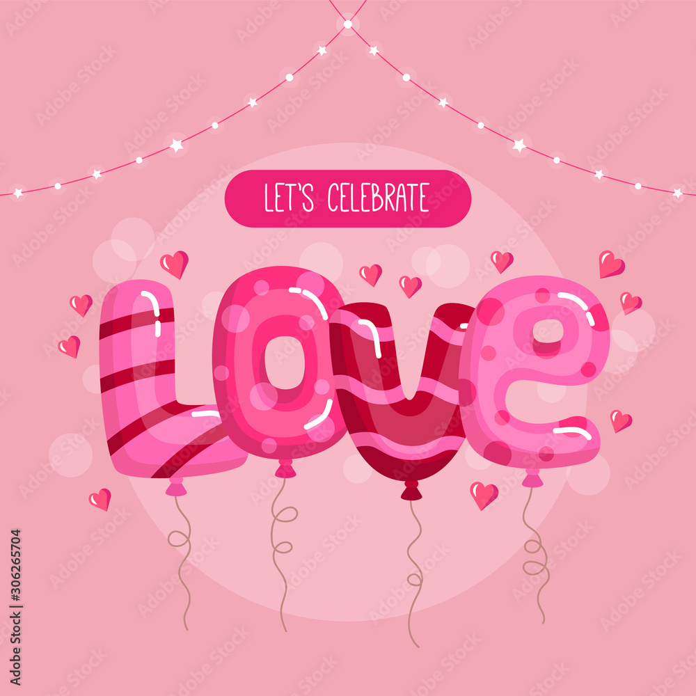 Naklejka Koncepcja szczęśliwy Walentynki. Balony w kształcie tekstu miłości na różowym tle. Miejsce na tekst.