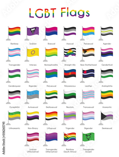 Set of 34 LGBT, sexual and gender tendencies pride flags Vector Illustration
