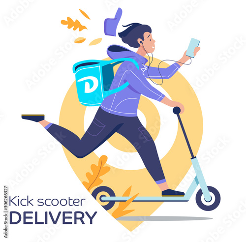 Food delivery. Young man on a kick scooter delivers to order. Fast food delivery service. Flat vector illustration