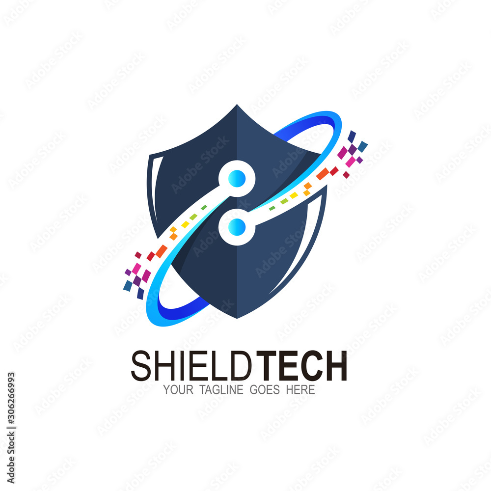 Fototapeta premium Shield logo with technology design illustration, Pixel icon