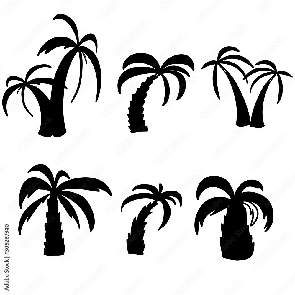 set of hand drawn palm tree illustration with doodle line art style vector isolated on white
