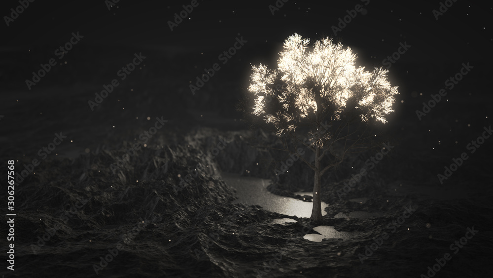 Fototapeta premium Glowing tree in the mountains. Particles flying in the air. 3d render.
