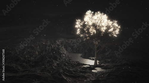 Glowing tree in the mountains. Particles flying in the air. 3d render.