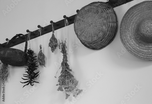 hanging herbs in antique kitchen