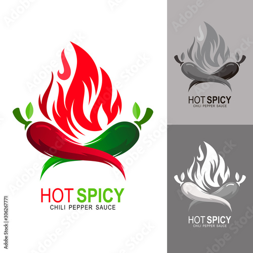 Chili logo with fire design illustration, Spicy icon