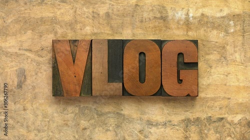 Rack focus on vlog (video blog) word created with vintage letterpress wood blocks against textured bark paper, social media and online communication concept photo