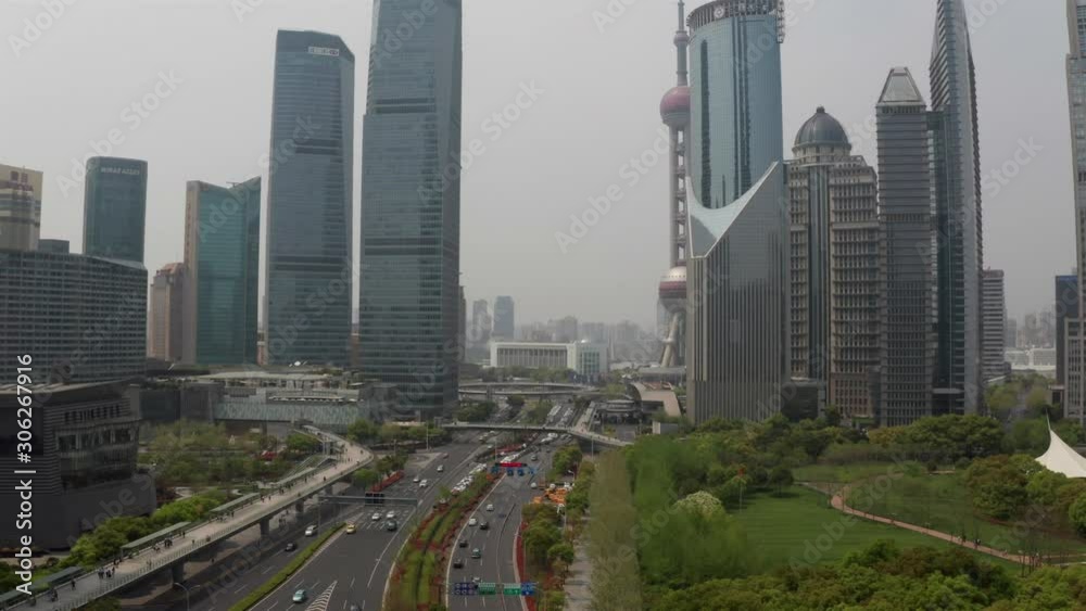 Aerial view of Lujiazui(The bund) in Shanghai, drone fly over the bund and huangpu river in morning day time Aerial view of Lujiazui(The bund) in Shanghai, drone fly over the bund and huangpu river in morning day time
