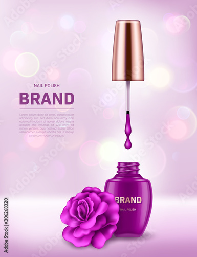 Realistic nail polish bottle with golden lid and rose on background with bokeh lights. Cosmetic brand advertising concept design