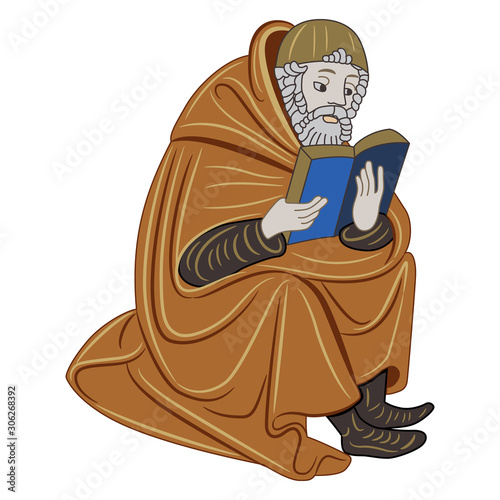 Isolated vector illustration. Sitting medieval man reading a book. Illuminated manuscript motif.