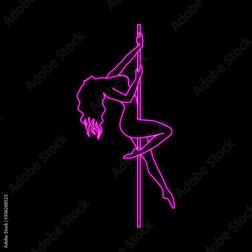 Vector silhouette of girl and pole with neon effect. Pole dance illustration for fitness, striptease dancers, exotic dance. Vector illustration EPS10 for logotype, badge, icon, logo, banner, tag.