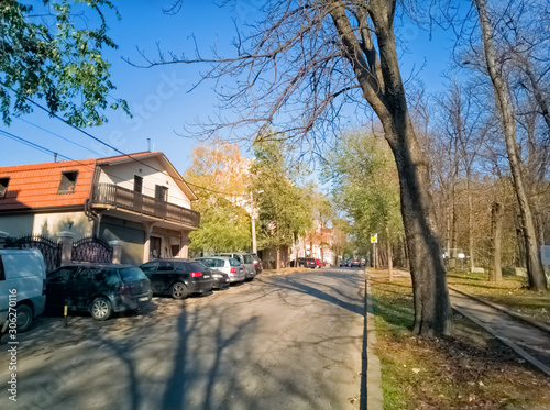 Grcica Milenka, Sumice, Vozdovac, Belgrade, Serbia - november 25th, 2019: street view with houses and trees