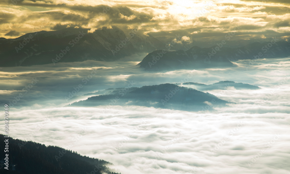 Sunset over the mountains, winter landscape