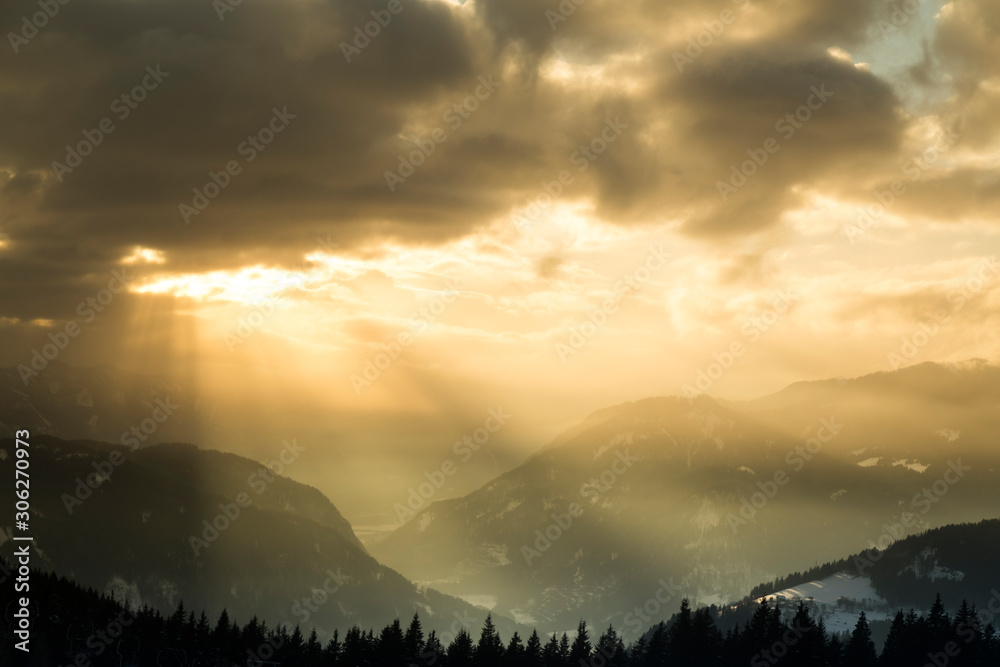 Sunset over the mountains, winter landscape