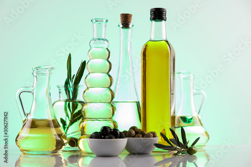 Olive oil bottles  olive branch and Cooking oils