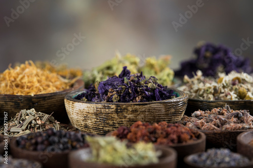 Natural remedy,Herbal medicine and wooden table background