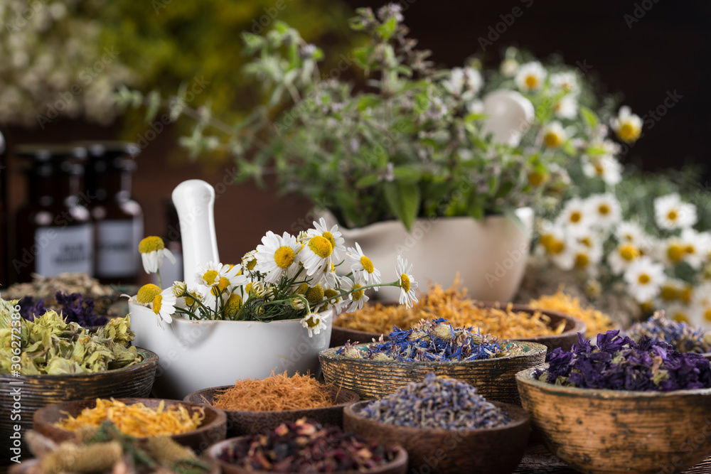 Natural remedy, healing herbs background Natural remedy, healing herbs background