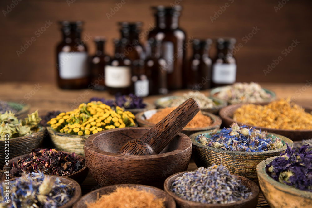 Natural remedy, healing herbs background