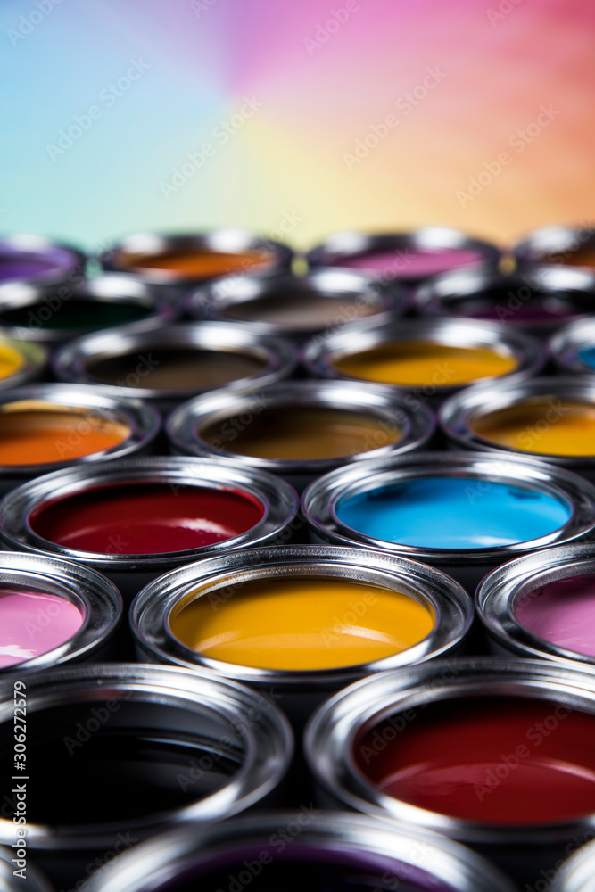Fototapeta premium Creativity concept group of tin metal cans with color paint