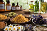 Herbs medicine and vintage wooden background