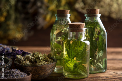 Obraz na plátně Fresh herbs and oils, wooden table background