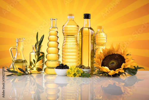 Healthy oil from sunflower, olive, rapeseed oil. Cooking oils in bottle