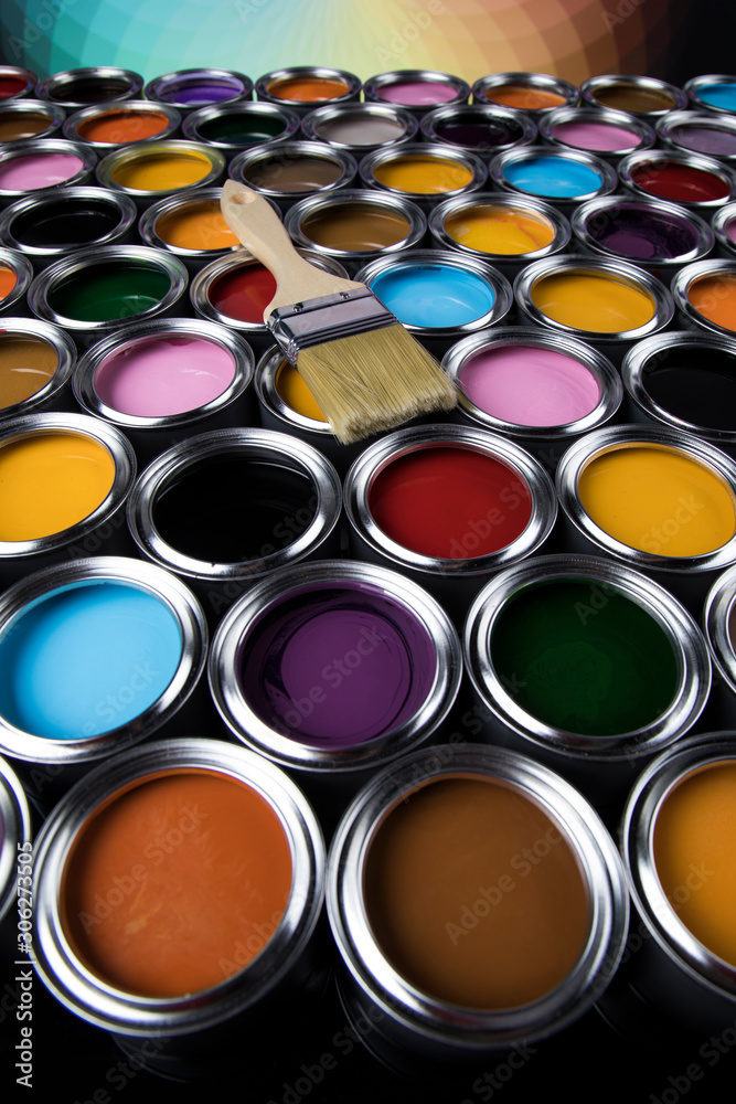 Tin cans with paint and brushes Tin cans with paint and brushes