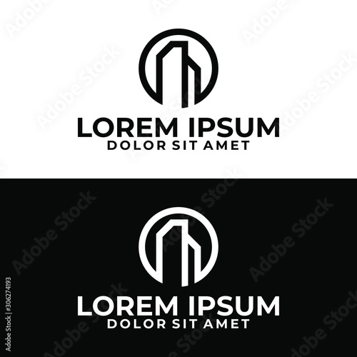 Skyscraper building simplicity in circle logo template in flat design illustration for construction company