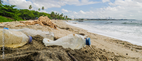 plastic garbage on beaches of the Dominican Republic, collection of waste in the Caribbean Sea