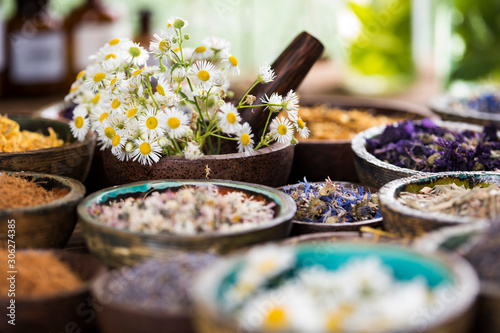 Herbs medicine and vintage wooden background