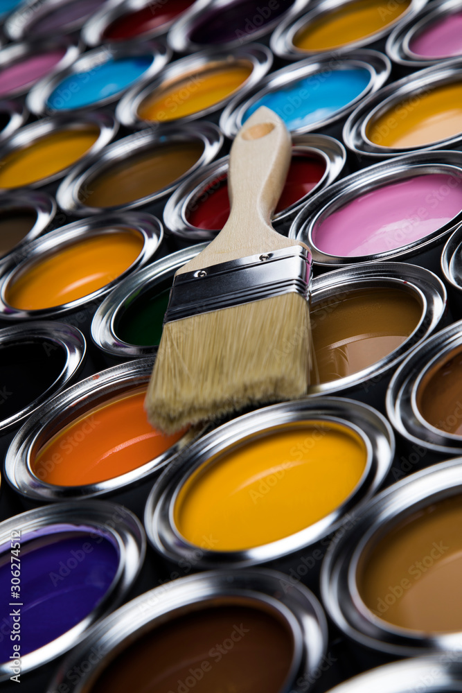 Paint brush, tin can and color guide samples Paint brush, tin can and color guide samples