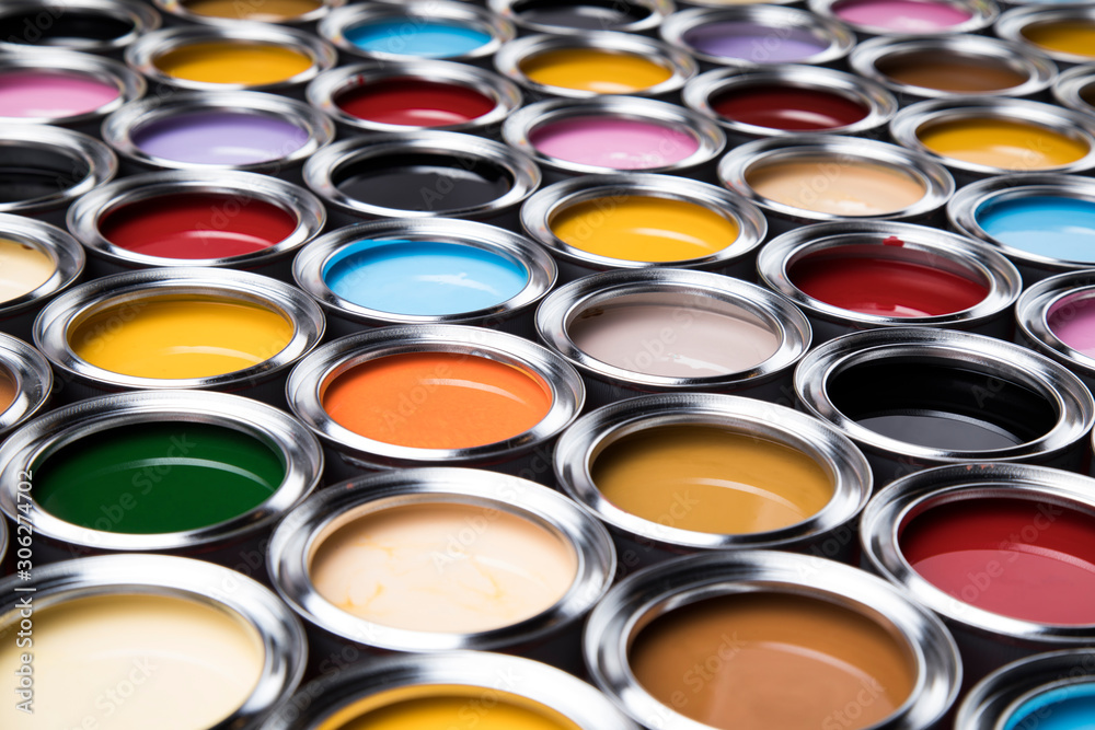 Fototapeta premium Rainbow, tin metal cans with color paint