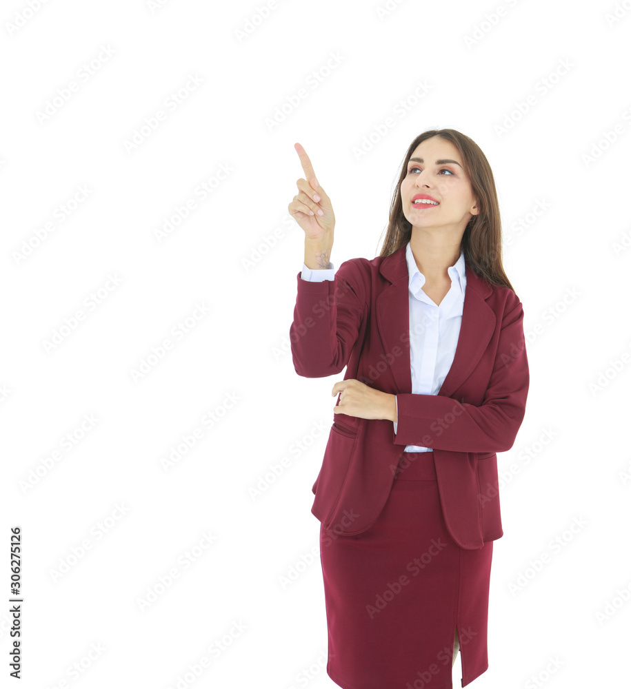 Smiling beautiful woman in red dress right hand pointing and looking islated on white background - working and business woman concept Smiling beautiful woman in red dress right hand pointing and looking islated on white background - working and business woman concept