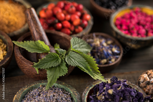 Natural remedy,Herbal medicine and wooden table background