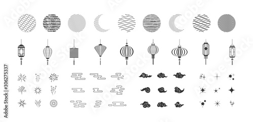 Set of black decorative elements in Asian style with moon, lanterns, fireworks, cloud, star sparkle, Design for Chinese new year, Lantern festival, Mid-autumn festival. Vector illustration. photo