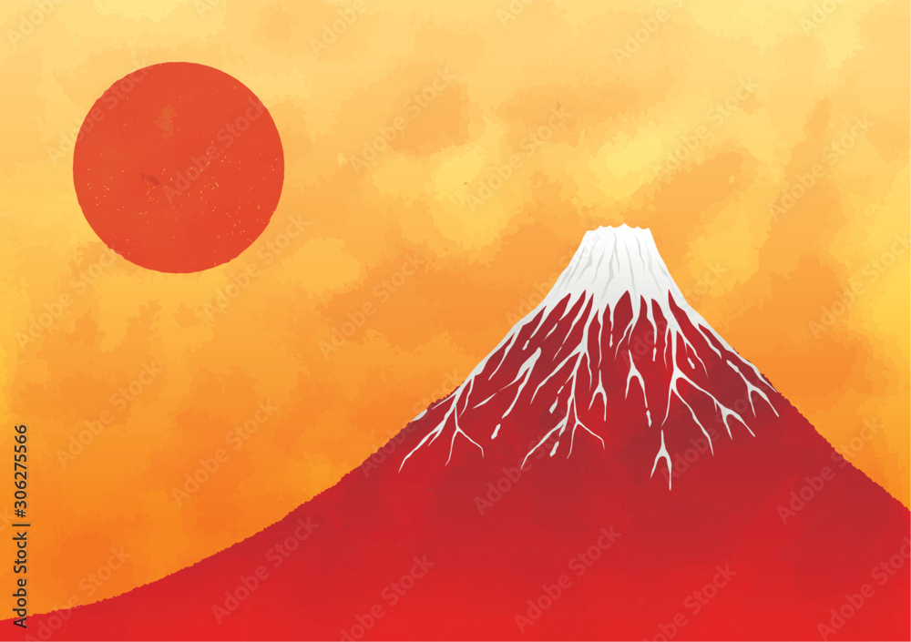 初日の出と赤富士と海：年賀状 赤富士 富士山 ご来光 初日の出 太陽 