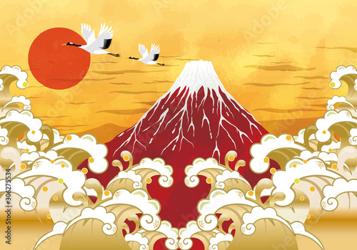 初日の出と赤富士と海：年賀状　赤富士　富士山　ご来光　海　初日の出　太陽　鶴