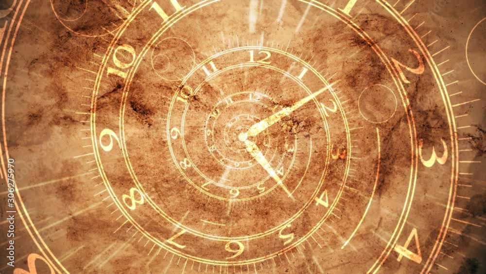 3d animation of Old clock spiral abstract on an old paper fractal background. Retro surreal clock with mechanism in the background. 