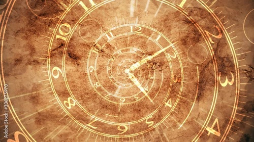 3d animation of Old clock spiral abstract on an old paper fractal background. Retro surreal clock with mechanism in the background. 
