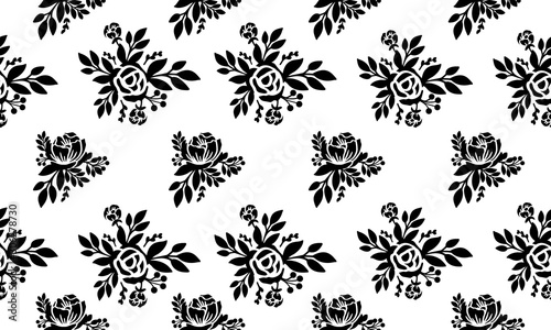 Beautiful black and white seamless floral pattern, flower leaves design.