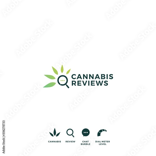 cannabis review magnifying glass talk bubble logo vector icon illustration