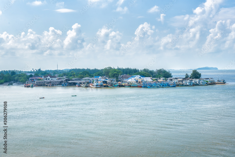 Landscape view of River and Boat of fisherman in harbor at Chantaburi, Thailand.