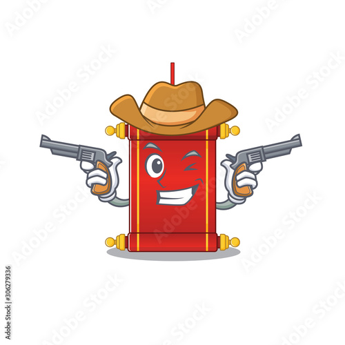 Chinese scrolls cartoon character as a Cowboy holding guns