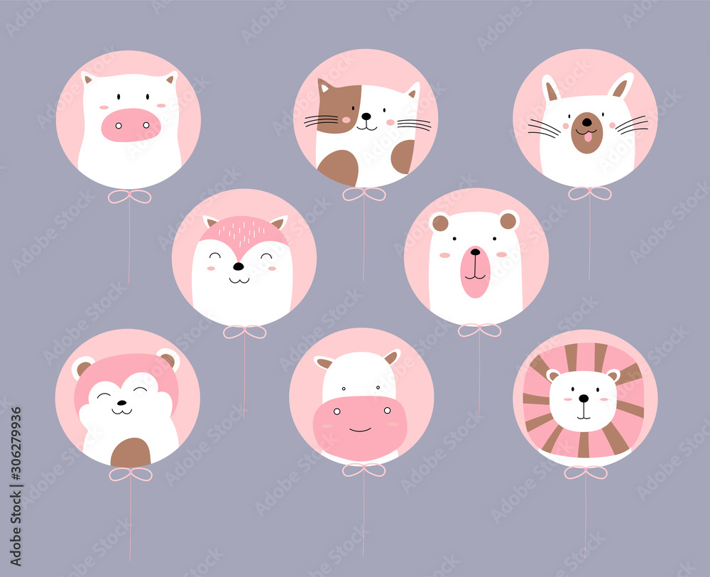 Hand drawn style. Cartoon sketch the cute posture baby animal with pink balloon Hand drawn style. Cartoon sketch the cute posture baby animal with pink balloon