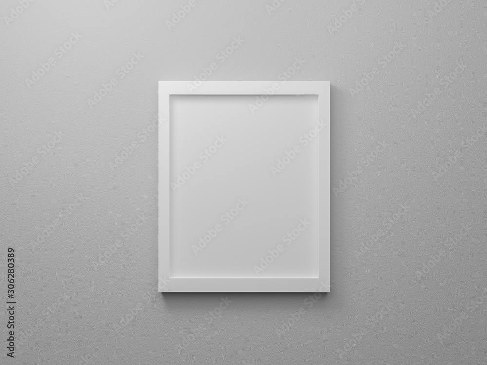 Blank white rectangular photo frames isolated on wall at studio. 3d render design concept for product object. Empty paper picture hanging on gray background texture for mockup poster and place image. Blank white rectangular photo frames isolated on wall at studio. 3d render design concept for product object. Empty paper picture hanging on gray background texture for mockup poster and place image.